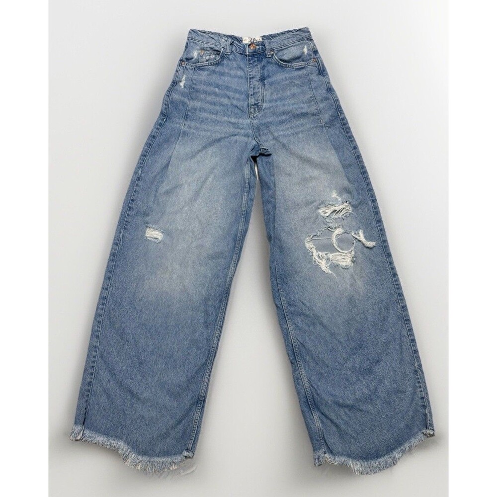 Free People We The Free High Rise Wide Leg Jeans Raw Hem Distressed 26 Boho